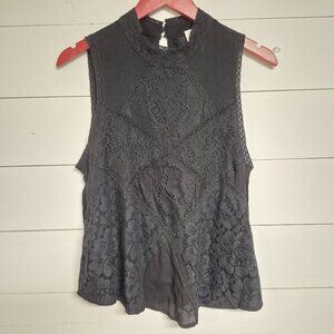 Blue Rain Black Sleeveless Lace Top Womens Sz M Boho Floral Pattern Keyhole Back
